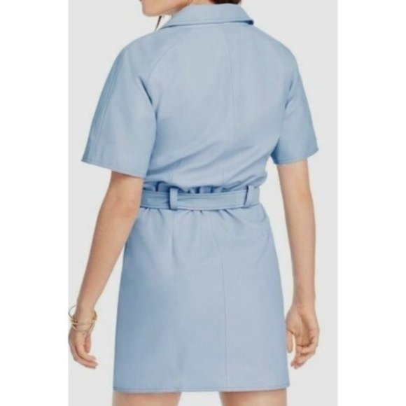 LINI Blue Margeaux Belted Asymmetric Full-Zip Leather Mini Dress NWT - Picture 4 of 6